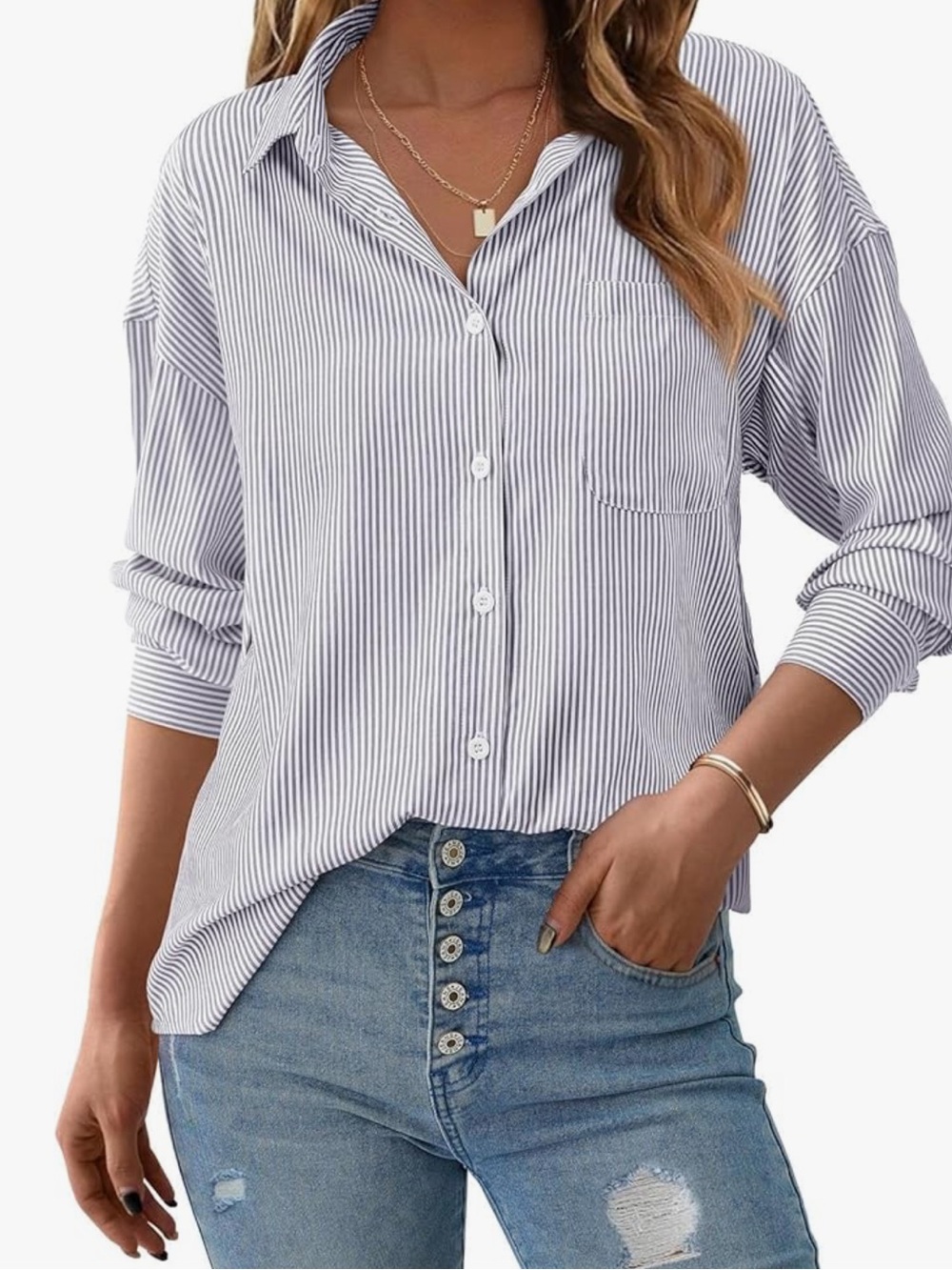 PRETTYGARDEN Button Down Striped Long Sleeve Collared Shirt